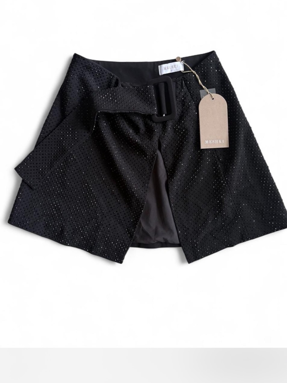 Meshki Black Crystal-Embellished Mini Skirt with Wide Fabric Buckle